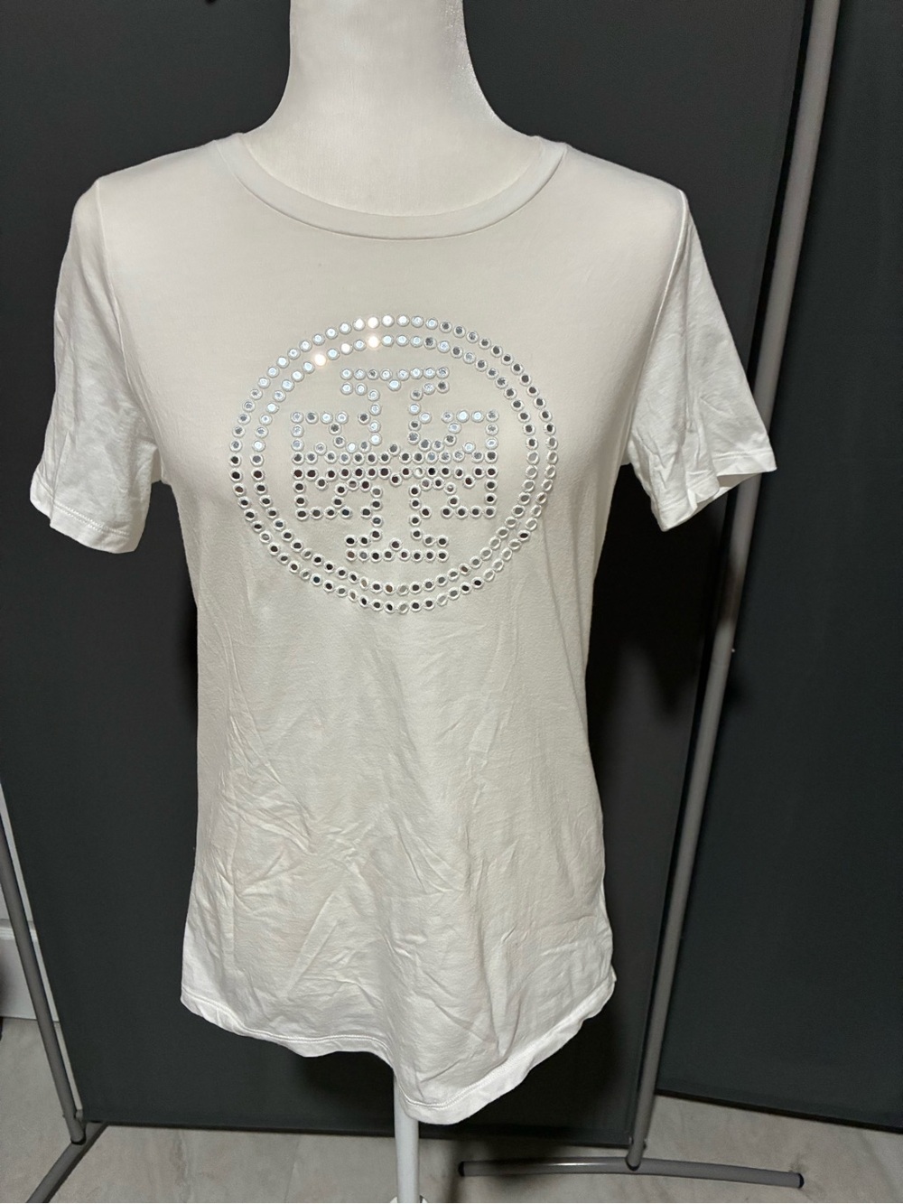 Tory Burch White Short-Sleeve Tee with Rhinestone Logo Detail